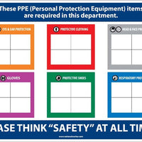 SIGN, THESE PPE (PERSONAL PROTECTION EQUIPMENT) ITEMS ARE REQUIRED IN THIS DEPARTMENT, 14X20, .125 PVC