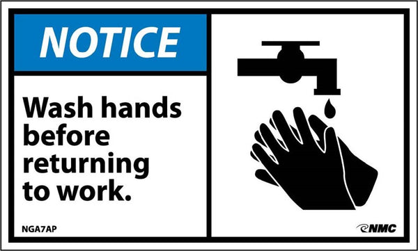 NOTICE, WASH HANDS BEFORE RETURNING TO WORK (GRAPHIC), 3X5, PS VINYL, 5/PK