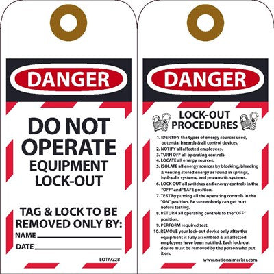 TAGS, LOCKOUT, DO NOT OPERATE EQUIPMENT LOCKED OUT, 6X3, UNRIP VINYL, 25/PK   GROMMET