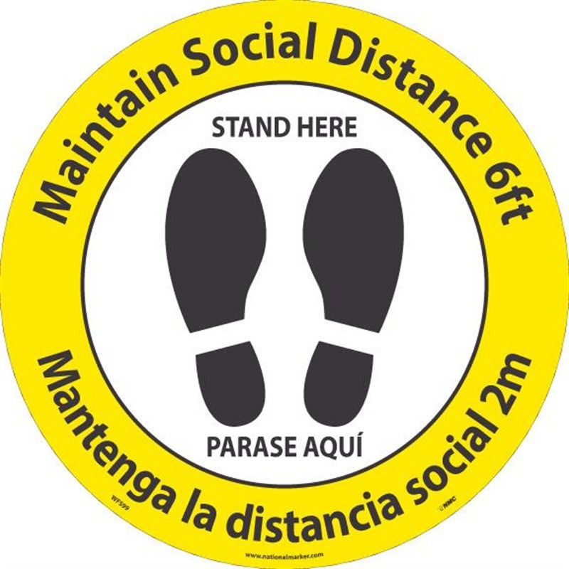 WALK ON, MAINTAIN 6' OF DISTANCE THANK YOU, FLOOR SIGN, 8 X 8, NON-SKID TEXTURED ADHESIVE BACKED VINYL, ENGLISH/SPANISH