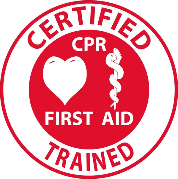 HARD HAT EMBLEM, CERTIFIED CPR FIRST AID TRAINED, 2 DIA, PS VINYL, 25/PK