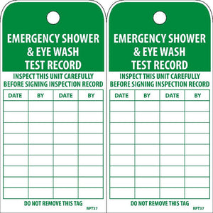 TAGS, EMERGENCY SHOWER AND EYE WASH TEST RECORD, 6X3, UNRIP VINYL, 25/PK W/ GROMMET