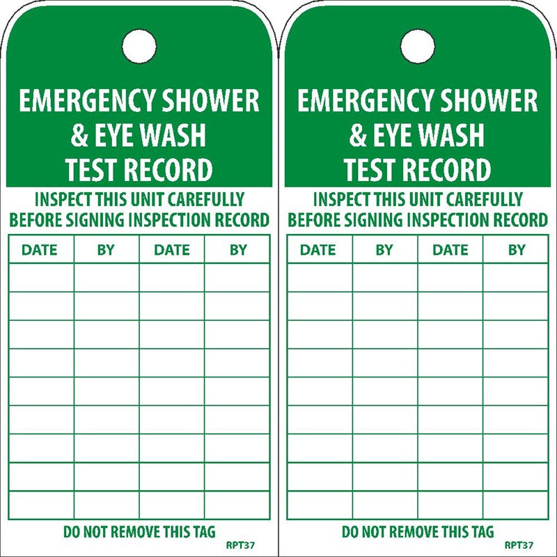 TAGS, EMERGENCY SHOWER AND EYE WASH TEST RECORD, 6X3, UNRIP VINYL, 25/PK W/ GROMMET