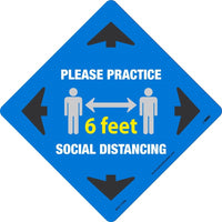 WALK ON, PLEASE PRACTICE SOCIAL DISTANCING 6 FT, BLUE, 12x12, NON-SKID TEXTURED ADHESIVE BACKED VINYL,