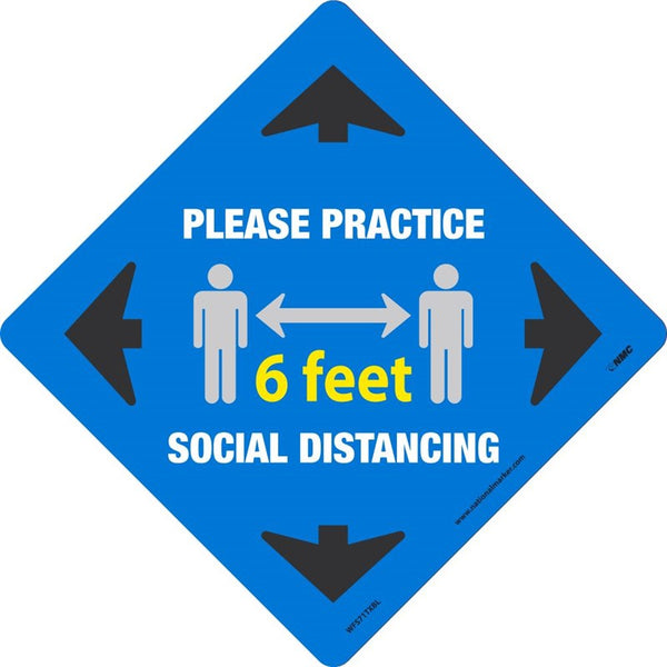 WALK ON - SMOOTH, PLEASE PRACTICE SOCIAL DISTANCING 6 FT, BLUE, 12x12, NON-SKID SMOOTH ADHESIVE BACKED VINYL,