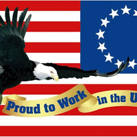 PROUD TO WORK IN THE USA, EAGLE AND FLAG GRAPHIC, 2 X 3, HARD HAT LABEL, PS VINYL, 25/PK