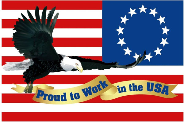 PROUD TO WORK IN THE USA, EAGLE AND FLAG GRAPHIC, 2 X 3, HARD HAT LABEL, PS VINYL, 25/PK