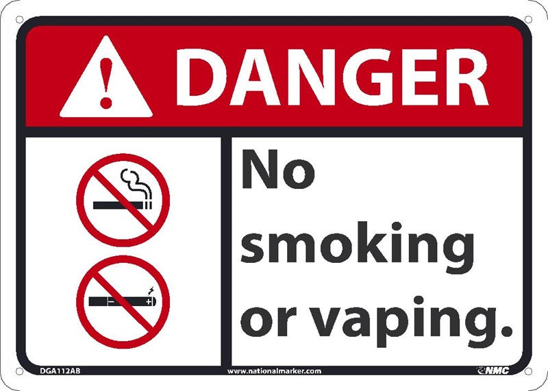 DANGER NO SMOKING OR VAPING SIGN, 10X14, .040 ALUM
