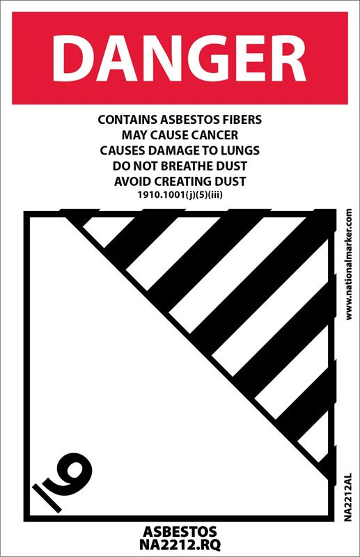 LABEL, DANGER CONTAINS ASBESTOS FIBERS AVOID CREATING DUST, CANCER AND LUNG DISEASE HAZARD ASBESTOS NA2212, 4X6, PS PAPER, 500/RL