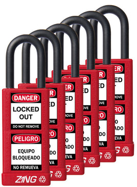 RecycLock Padlock, Keyed Alike,1.5" Shackle and 3" Body 6 Per Pack - Red