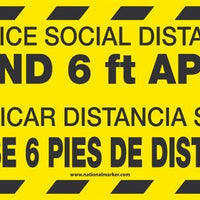 WALK ON - SMOOTH, PRACTICE SOCIAL DISTANCING STAND 6FT APART, FLOOR SIGN, BLACK/YELLOW, NON-SKID SMOOTH ADHESIVE BACKED VINYL, 8 X 20, ENGLISH/SPANISH