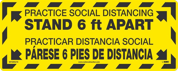 WALK ON - SMOOTH, PRACTICE SOCIAL DISTANCING STAND 6FT APART, FLOOR SIGN, BLACK/YELLOW, NON-SKID SMOOTH ADHESIVE BACKED VINYL, 8 X 20, ENGLISH/SPANISH