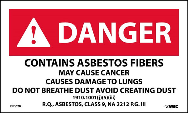 LABELS, DANGER CONTAINS ASBESTOS FIBERS MAY CAUSE CANCER CAUSES DAMAGE TO LUNGS, 3 X 5, PS PAPER, 500/RL