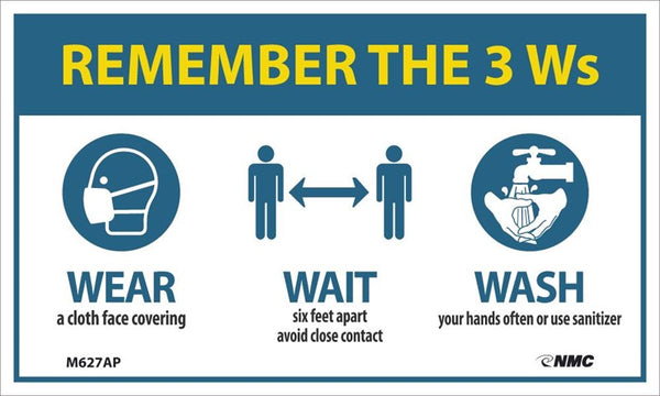 REMEMBER THE 3 Ws WEAR WAIT WASH, LABEL, 3X5, ADHESIVE BACKED VINYL, PACK OF 5
