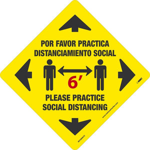 WALK ON - SMOOTH, PLEASE PRACTICE SOCIAL DISTANCING 6 feet, BLACK/YELLOW, 12x12, NON-SKID SMOOTH ADHESIVE BACKED VINYL, ENGLISH/SPANISH