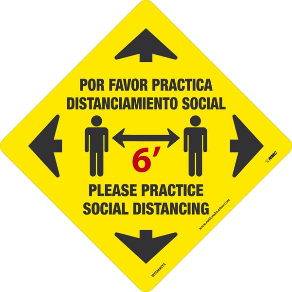 WALK ON - SMOOTH, PLEASE PRACTICE SOCIAL DISTANCING 6 feet, BLACK/YELLOW, 12x12, NON-SKID SMOOTH ADHESIVE BACKED VINYL, ENGLISH/SPANISH