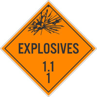 PLACARD, EXPLOSIVES 1.1 1, 10.75X10.75, REMOVABLE PS VINYL, PACK 50