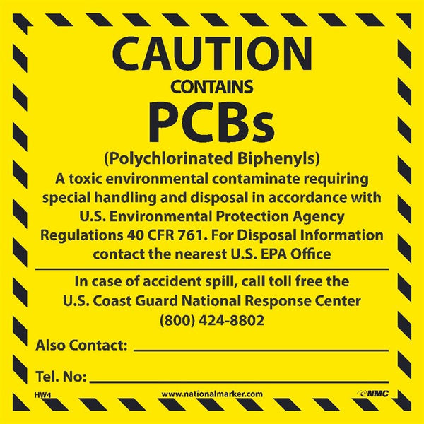 LABELS, CAUTION, CONTAINS PCBs, POLYCHLORINATED BIPHEYLS) IN CASE OF ACCIDENT SPILL, CALL TOLL FREE THE U.S. COAST GUARD NATIONAL RESPONSE CENTER (800) 424-8802, ALSO CONTACT, TEL. NO., 6 X 6, PS VINYL, 500/RL