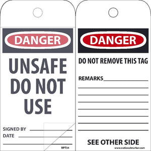 SELF LAMINATING TAGS, DANGER UNSAFE DO NOT USE, 6X3,POLYTAG, BOX OF 150