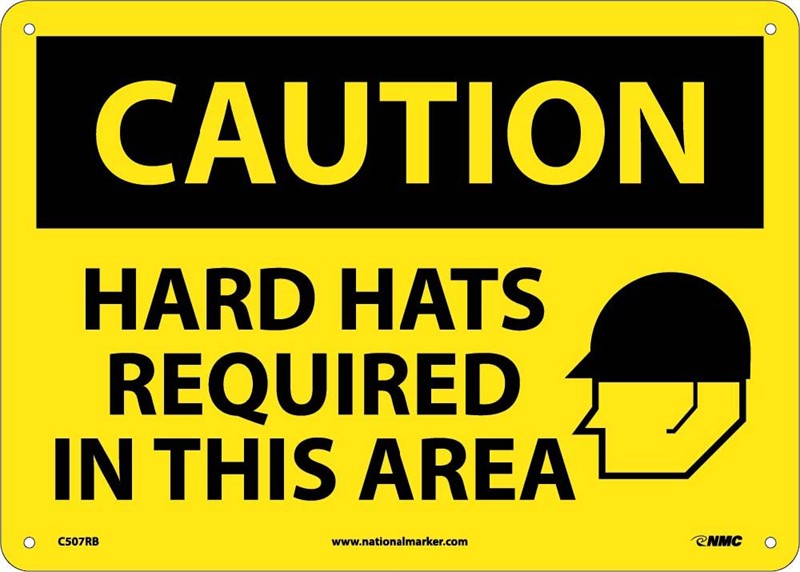 CAUTION, HARD HATS REQUIRED IN THIS AREA, GRAPHIC, 10X14, RIGID PLASTIC