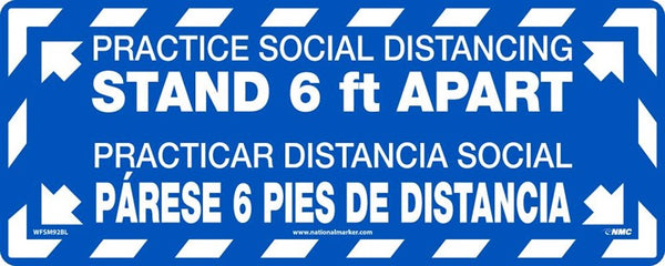 WALK ON - SMOOTH, PRACTICE SOCIAL DISTANCING STAND 6FT APART, FLOOR SIGN, BLUE, NON-SKID SMOOTH ADHESIVE BACKED VINYL, 8 X 20, ENGLISH/SPANISH