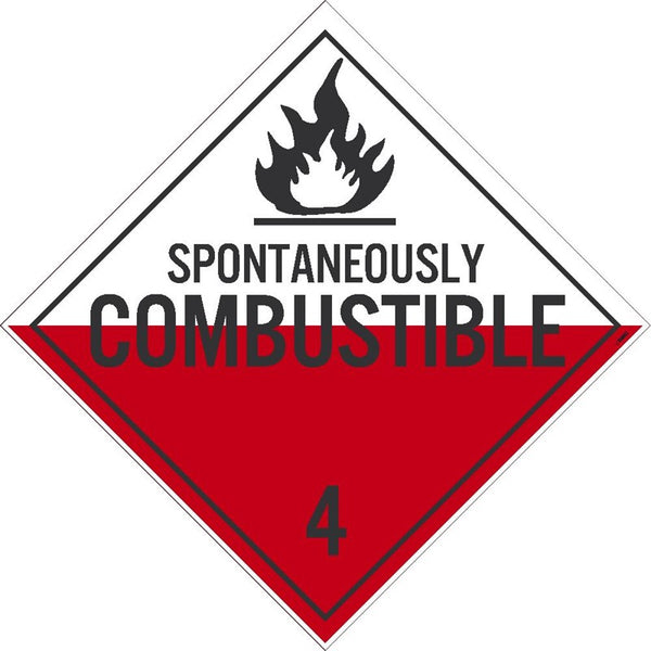 PLACARD, SPONTANEOUSLY COMBUSTIBLE 4, 10.75X10.75, PRESSURE SENSITIVE VINYL .0045, PACK 25