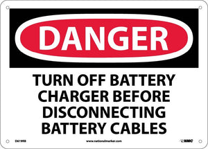 DANGER, TURN OFF BATTERY CHARGER BEFORE DISCONNECTING BATTERY CABLES, 10X14, .040 ALUM