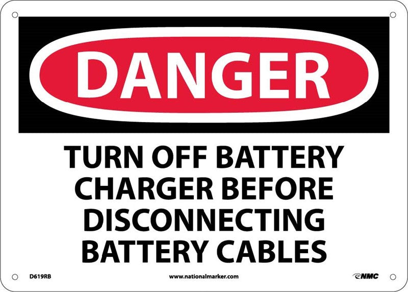 DANGER, TURN OFF BATTERY CHARGER BEFORE DISCONNECTING BATTERY CABLES, 10X14, .040 ALUM