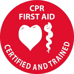 HARD HAT LABEL, CPR FIRST AID CERTIFIED AND TRAINED, 2"DIA. REFLECTIVE PS VINYL, 25/PK