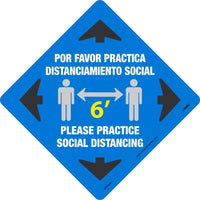 WALK ON - SMOOTH, PLEASE PRACTICE SOCIAL DISTANCING 6 FT, BLUE, 12x12, NON-SKID SMOOTH ADHESIVE BACKED VINYL, ENGLISH/SPANISH