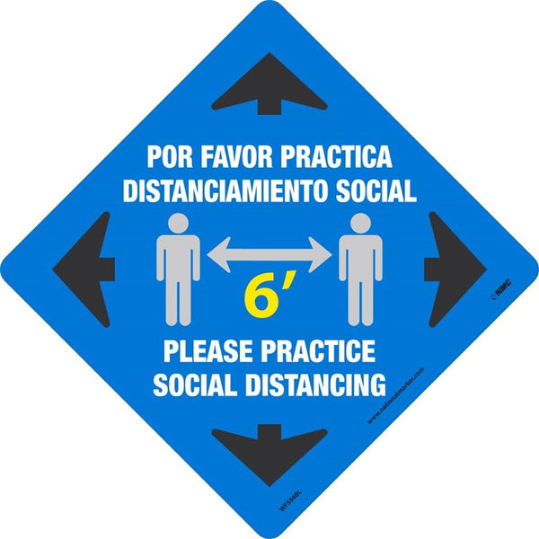 WALK ON - SMOOTH, PLEASE PRACTICE SOCIAL DISTANCING 6 FT, BLUE, 12x12, NON-SKID SMOOTH ADHESIVE BACKED VINYL, ENGLISH/SPANISH