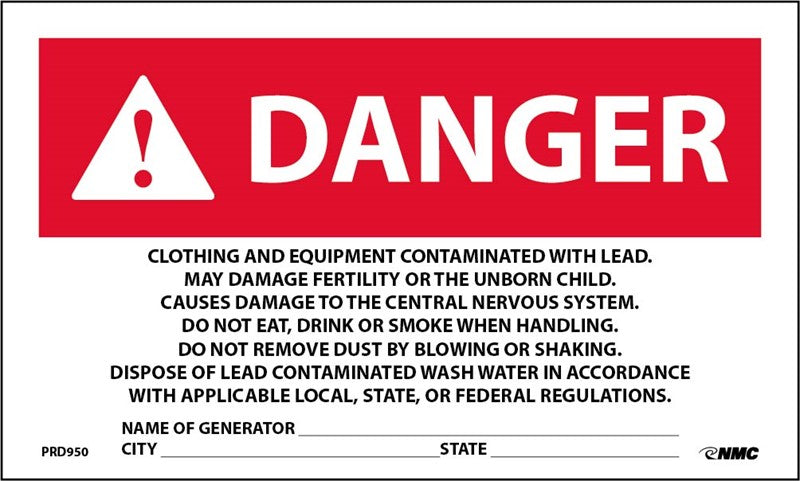LABELS, CLOTHING AND EQUIPMENT CONTAMINATED WITH LEAD, 3X5, PS PAPER, 500/RL