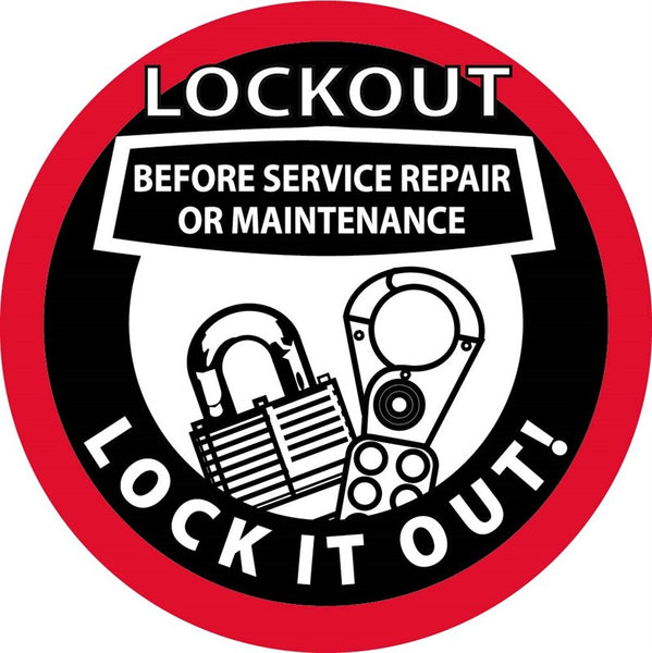 HARD HAT LABEL, LOCKOUT BEFORE SERVICE REPAIR OR MAINTENANCE LOCK IT OUT,2