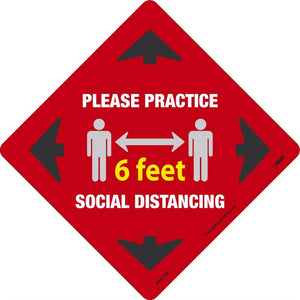 WALK ON - SMOOTH, PLEASE PRACTICE SOCIAL DISTANCING 6 FT, RED, 12x12, NON-SKID SMOOTH ADHESIVE BACKED VINYL,