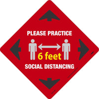 WALK ON, PLEASE PRACTICE SOCIAL DISTANCING 6 FT, RED, 12x12, NON-SKID TEXTURED ADHESIVE BACKED VINYL,