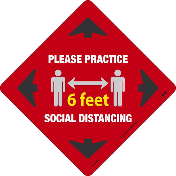WALK ON, PLEASE PRACTICE SOCIAL DISTANCING 6 FT, RED, 12x12, NON-SKID TEXTURED ADHESIVE BACKED VINYL,