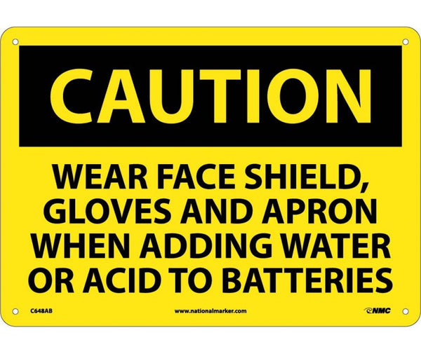 CAUTION, WEAR FACE SHIELD GLOVES AND APRON WHEN ADDING WATER OR ACID TO BATTERIES, 10X14, .040 ALUM