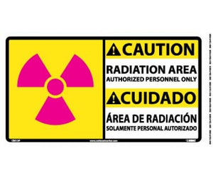 CAUTION, RADIATION AREA AUTHORIZED PERSONNEL ONLY (GRAPHIC), BILINGUAL, 10X18, PS VINYL