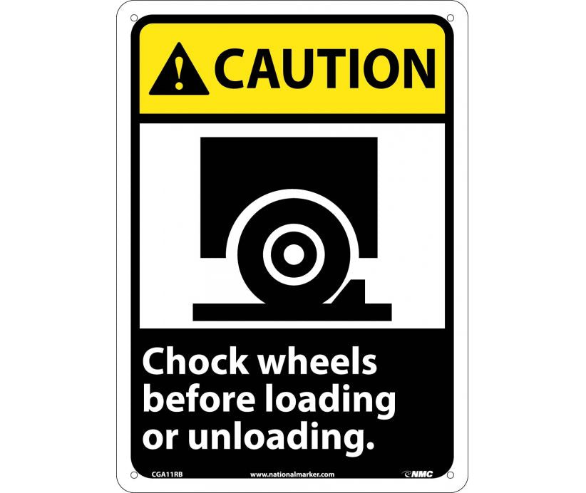CAUTION, CHOCK WHEELS BEFORE LOADING OR UNLOADING (W/GRAPHIC), 14X10, RIGID PLASTIC