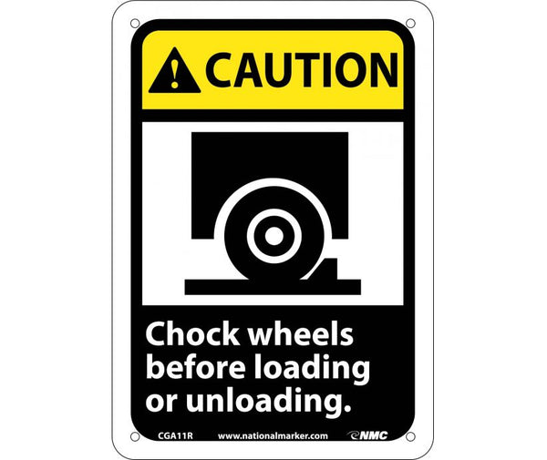 CAUTION, CHOCK WHEELS BEFORE LOADING OR UNLOADING (W/GRAPHIC), 10X7, RIGID PLASTIC