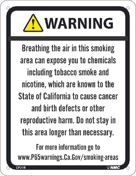 WARNING BREATHING THE AIR IN THIS SMOKING AREA CAN EXPOSE YOU TO CHEMICALS INCLUDING TOBACCO SMOKE AND NICOTINE8.5X11, RIGID PLASTIC