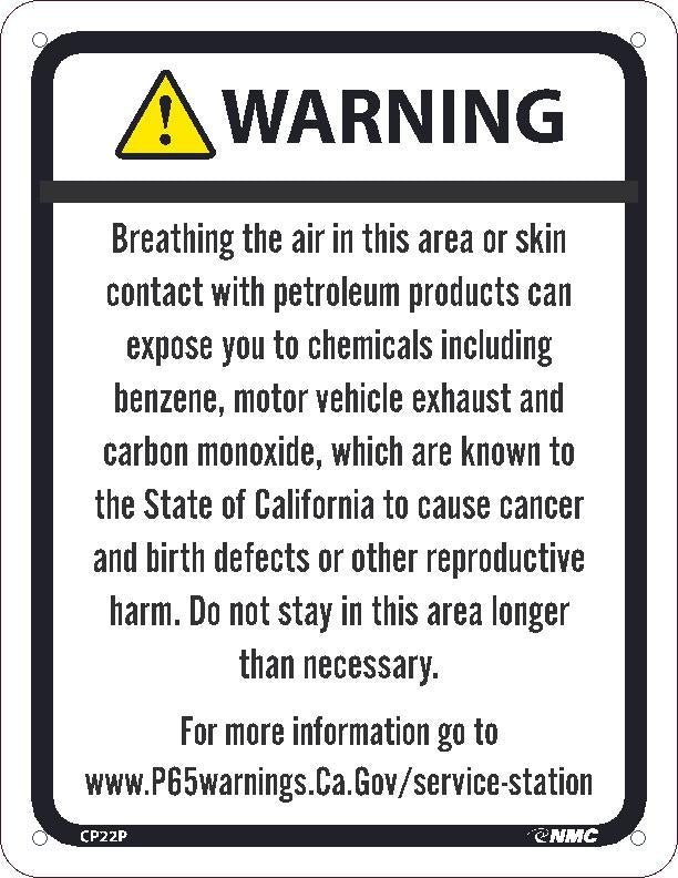 WARNING BREATHING THE AIR IN THIS AREA OR SKIN CONTACT WITH PETROLEUM PRODUCTS CAN EXPOSE YOU TO CHEMICALS INCLUDING BENZENE, MOTOR VEHICLE EXHAUST8.5X11, PS VINYL