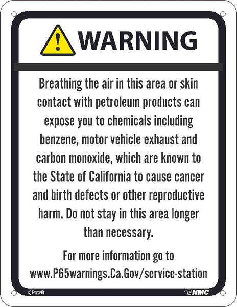 WARNING BREATHING THE AIR IN THIS AREA OR SKIN CONTACT WITH PETROLEUM PRODUCTS CAN EXPOSE YOU TO CHEMICALS INCLUDING BENZENE, MOTOR VEHICLE EXHAUST8.5X11, RIGID PLASTIC