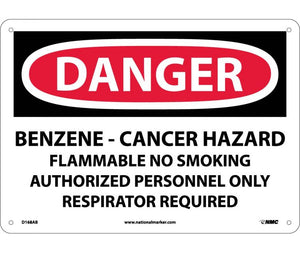 DANGER, BENZENE CANCER HAZARD FLAMMABLE NO SMOKING, 10X14, .040 ALUM