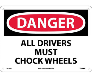 DANGER, ALL DRIVERS MUST CHOCK WHEELS, 10X14, RIGID PLASTIC