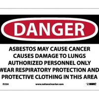 DANGER ASBESTOS MAY CAUSE CANCER CAUSES . . . ONLY WEAR RESPIRATORY PROTECTION AND PROTECTIVE CLOTHING IN THIS AREA, 10 X 14, .040 ALUM