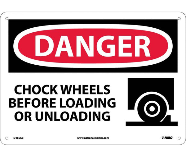 DANGER, CHOCK WHEELS BEFORE LOADING OR UNLOADING, GRAPHIC, 10X14, .040 ALUM