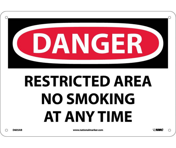 DANGER, RESTRICTED AREA NO SMOKING AT ANY TIME, 10X14, .040 ALUM