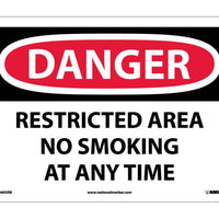 DANGER, RESTRICTED AREA NO SMOKING AT ANY TIME, 10X14, RIGID PLASTIC