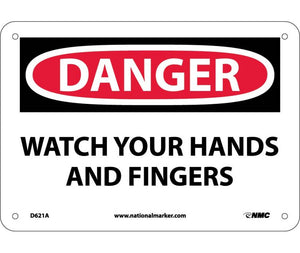 DANGER, WATCH YOUR HANDS AND FINGERS, GRAPHIC, 7X10, .040 ALUM